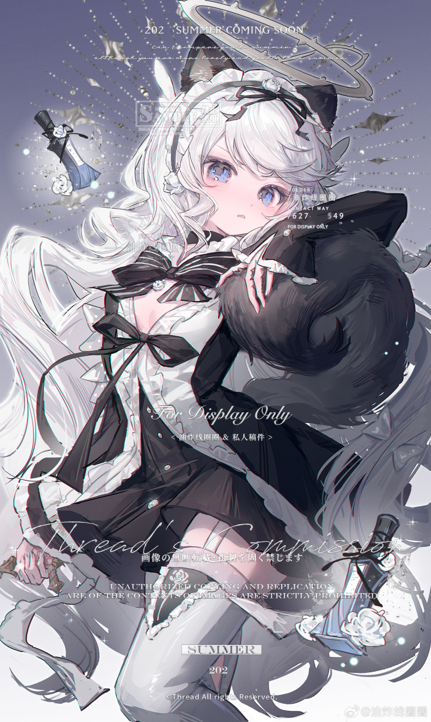 1girl absurdres animal_ears black_bow blue_eyes blush bow breasts cleavage dress flower garter_straps halo highres holding knife long_hair long_sleeves looking_at_viewer medium_breasts original rose solo tail thighhighs very_long_hair white_flower white_hair white_rose white_thighhighs youzha_xian_quanquan