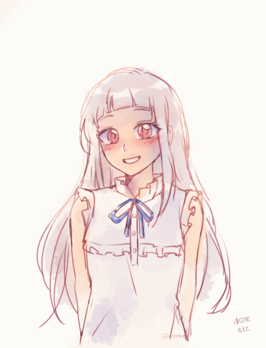 alt_text ano_hi_mita_hana_no_namae_wo_bokutachi_wa_mada_shiranai. arashi_chisato arched_bangs blush color_connection commentary cosplay dress english_commentary frilled_dress frills grey_hair grin hair_color_connection highres honma_meiko honma_meiko_(cosplay) looking_at_viewer love_live! love_live!_superstar!! mixed-language_commentary red_eyes sidelocks simple_background sioneve sleeveless sleeveless_dress smile translation_request twitter_username upper_body white_background white_dress