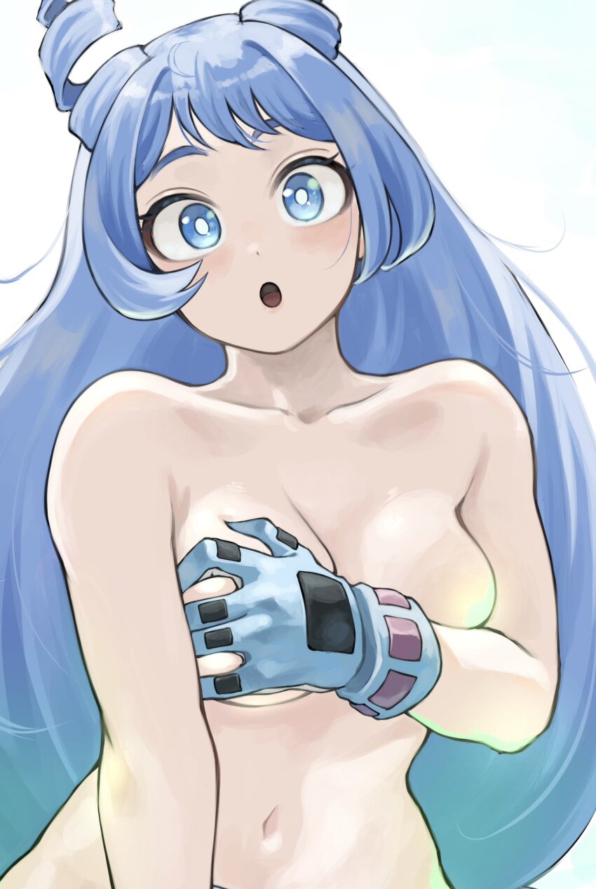 1girl :o blue_eyes blue_gloves blue_hair blush boku_no_hero_academia breasts cosplay covering_breasts covering_privates drill_hair fengling_(furin-jp) gloves grabbing_own_breast hado_nejire hagakure_toru hagakure_toru_(cosplay) hair_horns highres large_breasts long_hair looking_at_viewer medium_breasts naked_gloves navel nude open_mouth simple_background smile solo twin_drills very_long_hair white_background