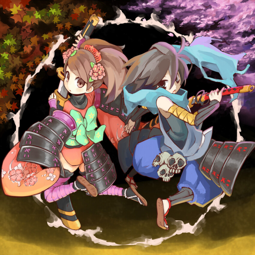 1boy 1girl armor bags_under_eyes black_hair brown_hair commentary_request full_body japanese_armor japanese_clothes katana kisuke long_hair looking_at_viewer momohime oboro_muramasa sword weapon zizi_niisan