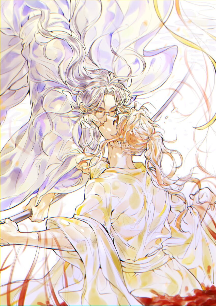 2boys air_bubble black_hair blood brown_hair bubble chang_geng chinese_clothes closed_eyes clothes_grab cowboy_shot gu_yun hanfu high_ponytail highres holding holding_polearm holding_weapon kiss korean_commentary long_hair long_sleeves male_focus mole mole_under_eye monocle multiple_boys nowhere616 polearm ponytail pool_of_blood purple_hanfu sash sha_po_lang weapon wide_sleeves yaoi yellow_hanfu