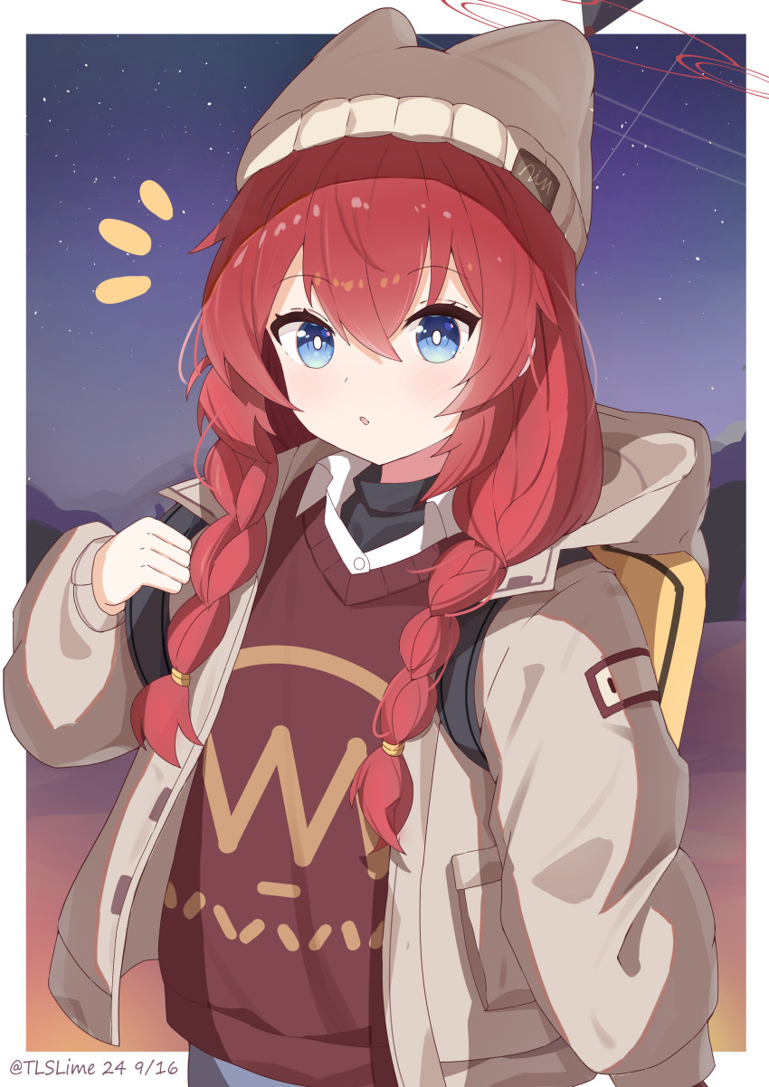 1girl absurdres alternate_costume artist_name backpack bag black_undershirt blue_archive blue_eyes border commentary_request hair_between_eyes halo hat heart highres hood hooded_jacket jacket long_hair long_sleeves looking_at_viewer low_twintails maki_(blue_archive) maki_(camp)_(blue_archive) night night_sky official_alternate_costume official_alternate_hairstyle open_clothes open_jacket parted_lips red_hair red_sweater red_sweater_vest sidelocks simple_background sky smile solo surprised sweater sweater_vest tlslime twintails white_border