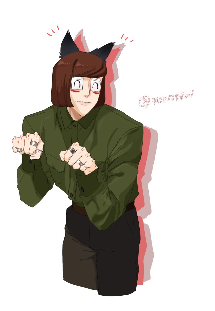1boy animal_ears ba_kuretuman brown_hair cat_ears commentary cowboy_shot cropped_legs english_commentary fake_animal_ears green_shirt hands_up highres jewelry luther_von_ivory male_focus multiple_rings paw_pose randal&#039;s_friends ring shirt short_hair simple_background solo taped_note white_background
