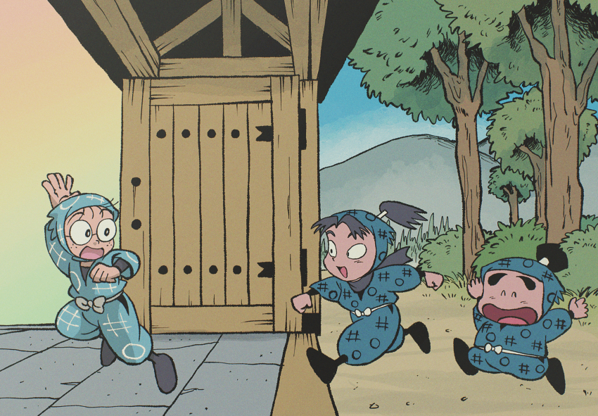 1990s_(style) 3boys ^_^ amako_soubee_(style) blue_hood bush chibi chibi_only chromatic_aberration closed_eyes doorway film_grain fukutomi_shinbei happy highres hood hood_up inadera_rantarou looking_back male_focus momeshi mountainous_horizon multiple_boys ninja open_door outdoors rakudai_ninja_rantarou retro_artstyle round_eyewear running sanpaku settsuno_kirimaru tree wavy_mouth