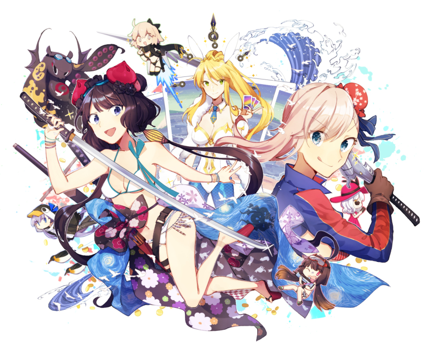 6+girls :q ahoge animal_ears animal_hood animal_print arm_at_side artoria_pendragon_(fate) artoria_pendragon_(swimsuit_ruler)_(fate) artoria_pendragon_(swimsuit_ruler)_(first_ascension)_(fate) bead_bracelet beads belt bikini bird black_belt black_bikini black_bow black_gloves black_hair black_jacket black_scarf black_thighhighs blonde_hair blue_jacket blue_necktie blue_pantyhose blue_ribbon bow bracelet brown_gloves bun_cover card carmilla_(fate) carmilla_(swimsuit_rider)_(fate) carmilla_(swimsuit_rider)_(first_ascension)_(fate) cat_print checkered_clothes cherry_blossom_print chibi citrusarjun closed_mouth clothing_cutout coin collar collarbone commentary crown detached_collar double_v dress elbow_gloves fake_animal_ears fate/grand_order fate_(series) feather_boa floral_print flying_sweatdrops geta gloves goggles goggles_on_head gold_trim gradient_hair green_eyes grey_eyes gun hair_bow hair_bun hair_ribbon halterneck hands_up hat highres holding holding_card holding_gun holding_sword holding_weapon hood jacket jetpack jewelry katana katsushika_hokusai_(fate) katsushika_hokusai_(swimsuit_saber)_(fate) leg_belt leotard long_hair long_sleeves looking_at_viewer low_twintails meltryllis meltryllis_(fate) meltryllis_(swimsuit_lancer)_(fate) meltryllis_(swimsuit_lancer)_(first_ascension)_(fate) miyamoto_musashi_(fate) miyamoto_musashi_(fate/grand_order) miyamoto_musashi_(swimsuit_berserker)_(fate) miyamoto_musashi_(swimsuit_berserker)_(second_ascension)_(fate) multi-strapped_bikini_bottom multicolored_hair multiple_bracelets multiple_girls multiple_swords navel necktie octopus okita_j._souji_(fate) okita_j._souji_(first_ascension)_(fate) okita_souji_(fate) one_eye_closed open_mouth osakabehime_(fate) osakabehime_(swimsuit_archer)_(fate) osakabehime_(swimsuit_archer)_(second_ascension)_(fate) outstretched_arm pantyhose penguin penguin_hood photo_(object) pink_dress pink_eyes pink_hair pink_headwear playboy_bunny playing_card plum_blossom_print polaroid_photo ponytail popped_collar purple_hair rabbit_ears red_bikini red_footwear ribbon sandals scarf short_hair signature simple_background single_elbow_glove single_hair_bun single_sidelock smile sparkle starry_night stomach_cutout striped_bikini striped_clothes sunglasses swimsuit sword tengu-geta thigh_strap thighhighs tokitarou_(fate) tongue tongue_out twintails v vertical-striped_bikini vertical-striped_clothes waves weapon white_background white_bikini white_bird white_collar white_hair white_leotard yellow_eyes