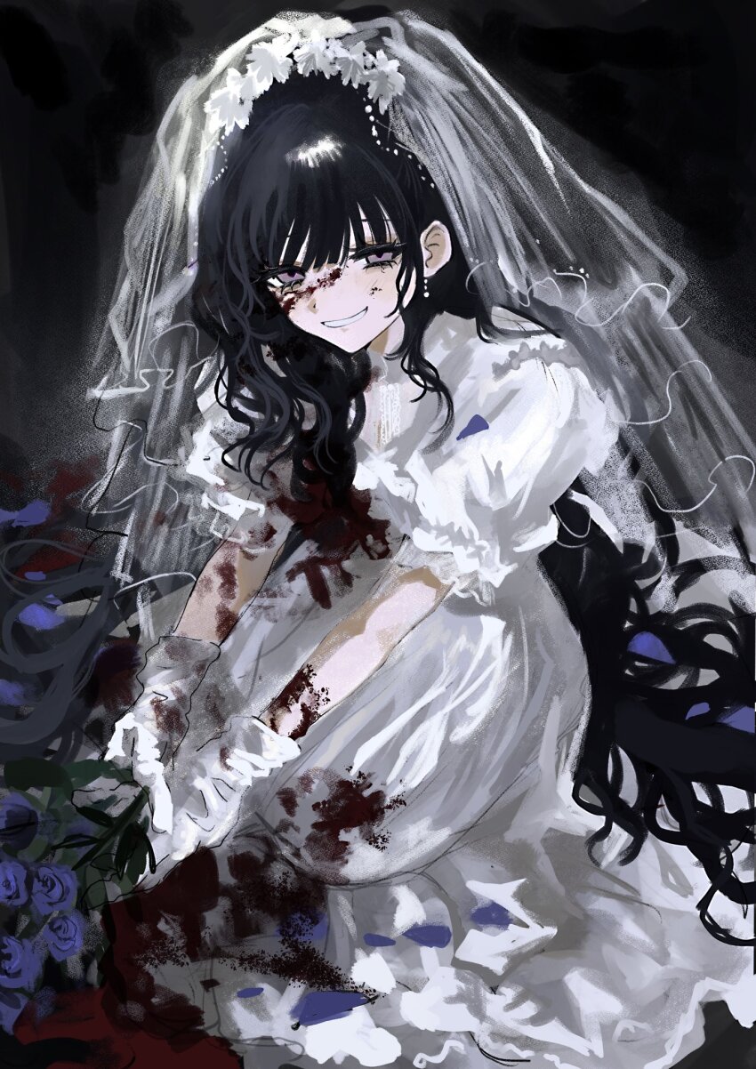1girl akai_ringo_(eveyuno) black_hair black_headdress blood blood_on_face breasts choker dress elbow_gloves gloves goth_fashion highres indoors lolita_fashion long_sleeves looking_at_viewer non-web_source original solo white_dress white_gloves