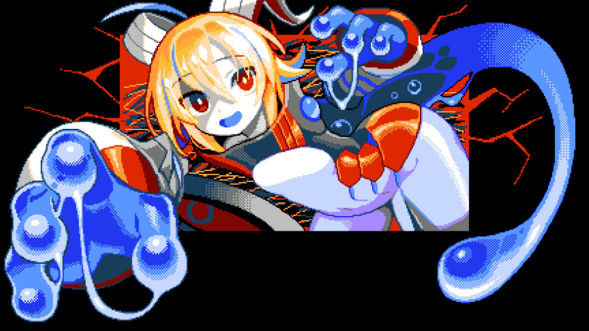 16-bit 1girl alien bent_over blaster_master_zero_(series) blaster_master_zero_3 blonde_hair blue_hair blue_tongue colored_tongue detached_arm dripping evil_eve_(blaster_master_zero_3) female_focus highres looking_at_viewer monster_girl multicolored_hair official_art open_mouth pale_skin red_eyes screencap slime_(substance) slime_girl smile solo tail tongue two-tone_hair