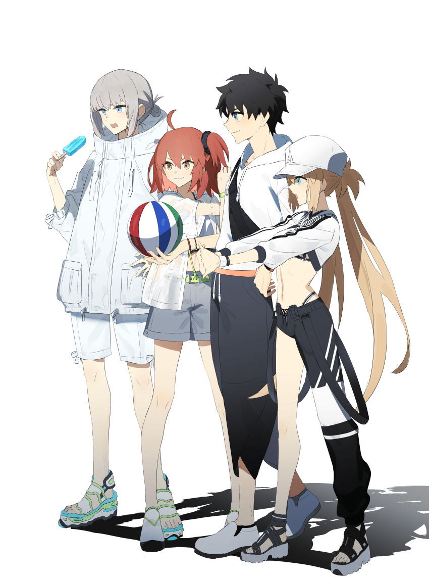 2boys 2girls :o absurdres ahoge artoria_caster_(fate) artoria_caster_(swimsuit)_(fate) artoria_caster_(swimsuit)_(first_ascension)_(fate) artoria_caster_(swimsuit_berserker)_(fate) artoria_caster_(swimsuit_berserker)_(first_ascension)_(fate) artoria_pendragon_(fate) asymmetrical_clothes asymmetrical_legwear bag ball beachball black_hair black_pants blonde_hair blue_eyes bracelet closed_mouth cropped_jacket cross-body_stretch fate/grand_order fate_(series) food fujimaru_ritsuka_(female) fujimaru_ritsuka_(female)_(summer_street) fujimaru_ritsuka_(male) fujimaru_ritsuka_(male)_(summer_street) grey_hair grey_shorts hair_bun hand_up hat highres holding holding_ball holding_food holding_popsicle hood hooded_jacket hoodie jacket jewelry long_hair multiple_boys multiple_girls ninjin_(ne_f_g_o) oberon_(fate) official_alternate_costume open_clothes open_jacket open_mouth orange_hair pants ponytail popsicle see-through_clothes shadow short_hair short_ponytail shorts side_ponytail sidelocks simple_background single_pantsleg smile stretching toeless_footwear twintails white_footwear white_hoodie white_shorts yellow_eyes