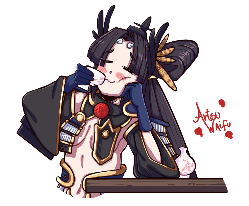 1girl absurdres arm_rest artist_name artsuwaifu black_hair blue_gloves blush_stickers breasts center_opening closed_eyes commentary cup english_commentary fate/grand_order fate_(series) gloves hair_bun hand_on_own_cheek hand_on_own_face happy highres long_hair navel revealing_clothes side_ponytail simple_background single_hair_bun small_breasts smile solo table teacup ushiwakamaru_(fate) ushiwakamaru_(third_ascension)_(fate) white_background wooden_table