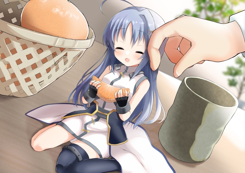 1girl 1other 2022 :d ^_^ ahoge backlighting black_gloves black_thighhighs blue_hair blurry blurry_background blush closed_eyes commentary commission cup dated_commentary dress dutch_angle facing_viewer fingerless_gloves food fruit gloves hair_ornament hands_up happy headpat highres holding holding_food holding_fruit huge_ahoge indoors long_hair lyrical_nanoha mandarin_orange mandarin_orange_slice open_mouth parted_bangs reinforce_zwei single_hair_intake single_thighhigh sitting skeb_commission sleeveless sleeveless_dress smile solo_focus takepoison thighhighs very_long_hair wariza white_dress x_hair_ornament zettai_ryouiki