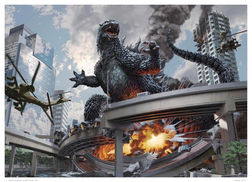 ah-64_apache aircraft attack_helicopter autocannon blue_sky border building cannon chain_gun city claws cloud cloudy_sky day destruction dinosaur explosion fire giant giant_monster godzilla godzilla_(series) godzilla_against_mechagodzilla helicopter kaida_yuji kaiju m230_chain_gun military missile_launcher missile_rack monster no_humans official_art open_mouth overcast overpass reflection roaring rocket_launcher rocket_pod sharp_teeth sky skyscraper smoke spikes tail teeth toho tongue tree weapon white_border