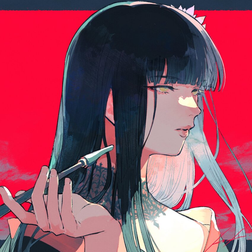 1girl black_collar black_hair blunt_bangs collar commentary_request expressionless final_fantasy final_fantasy_xiv flower from_side hair_flower hair_ornament hand_up highres holding holding_smoking_pipe hyur kiseru lace_collar letterboxed long_hair outside_border parted_lips portrait red_background senoura_korafu signature smoke smoking_pipe solo three_quarter_view yellow_eyes yotsuyu_goe_brutus