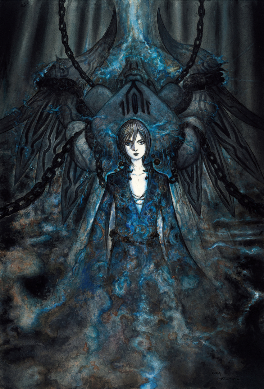 1boy 2004 amano_yoshitaka arms_at_sides blue_eyes chain collarbone commentary final_fantasy final_fantasy_xi hair_between_eyes highres long_sleeves official_art plunging_neckline promathia_(ff11) second-party_source selh&#039;teus short_hair signature