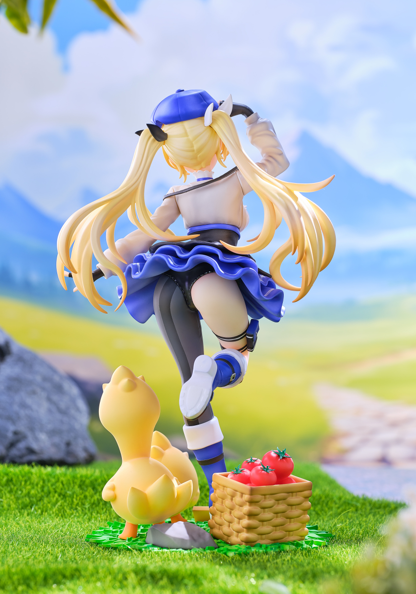 1girl absurdres ass basket black_corset black_gloves black_panties blonde_hair blue_footwear blue_hair blue_skirt boots cloud corset cropped_jacket day dokibird_(vtuber) dokibird_(vtuber)_(retro_doki) dragoon_(dokibird) figure figure_stage figure_stand fingerless_gloves from_behind full_body gloves grass grey_jacket highres indie_virtual_youtuber jacket juicybons knee_boots outdoors panties photo_(medium) single_leg_pantyhose skirt sky tomato twintails underwear virtual_youtuber