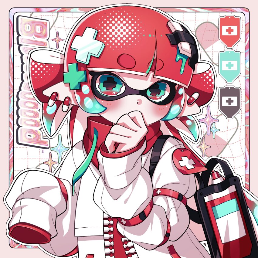 1girl 6roku_6roku absurdres blush bow-shaped_hair commentary covering_own_mouth cross-shaped_pupils drawstring earrings gauze_on_head gradient_eyes gradient_hair green_eyes green_hair halftone hand_over_own_mouth highres ink_tank_(splatoon) inkling inkling_girl inkling_player_character jacket jewelry long_hair long_sleeves looking_at_viewer multicolored_eyes multicolored_hair nintendo open_clothes open_jacket outline pill_earrings pointy_ears red_eyes red_hair red_shirt shirt sidelocks single_sleeve_past_fingers solo splatoon_(series) symbol-only_commentary symbol-shaped_pupils tentacle_hair thick_eyebrows turtleneck two-tone_eyes two-tone_hair white_jacket white_outline