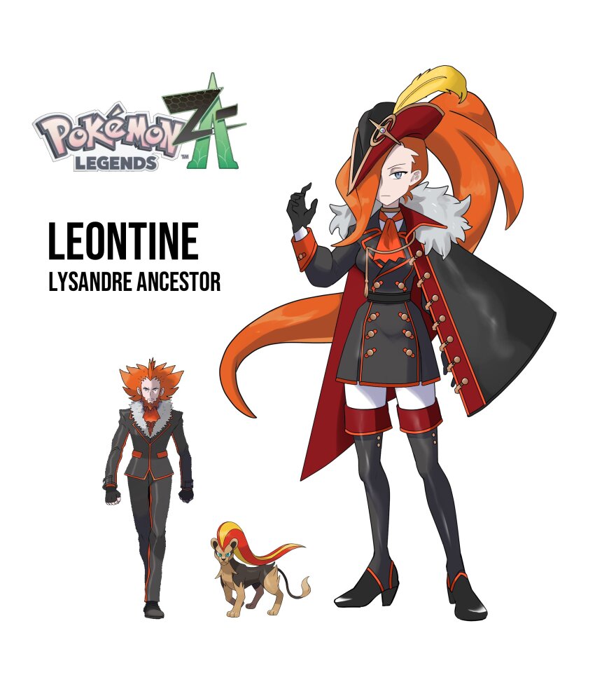 1boy 1girl absurdres bicorne black_footwear black_gloves blue_eyes boots buttons cape character_name closed_mouth commentary copyright_name english_commentary fur-trimmed_cape fur_trim gen_6_pokemon gloves hair_over_one_eye hat hat_feather highres long_hair lysandre_(pokemon) nintendo official_art_inset orange_hair original pokemon pokemon_(creature) pokemon_legends:_z-a pokemon_xy pyroar pyroar_(female) reference_inset rhymewithray simple_background standing thigh_boots white_background