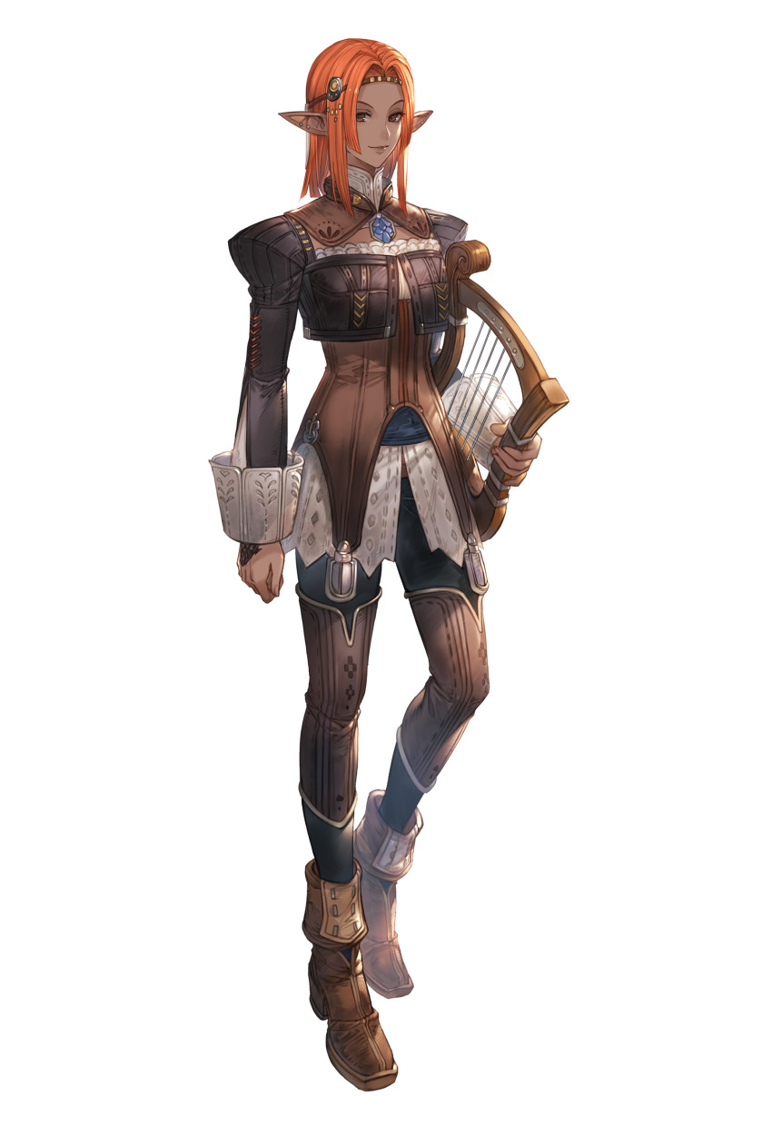 1girl absurdres artist_request brown_eyes circlet closed_mouth curtained_hair dark-skinned_female dark_skin earrings elf elvaan final_fantasy final_fantasy_xi full_body granblue_fantasy harp highres holding holding_harp holding_instrument instrument jewelry long_sleeves medium_hair official_art orange_hair pointy_ears second-party_source sleeve_cuffs smile solo stud_earrings transparent_background ulmia white_sleeve_cuffs