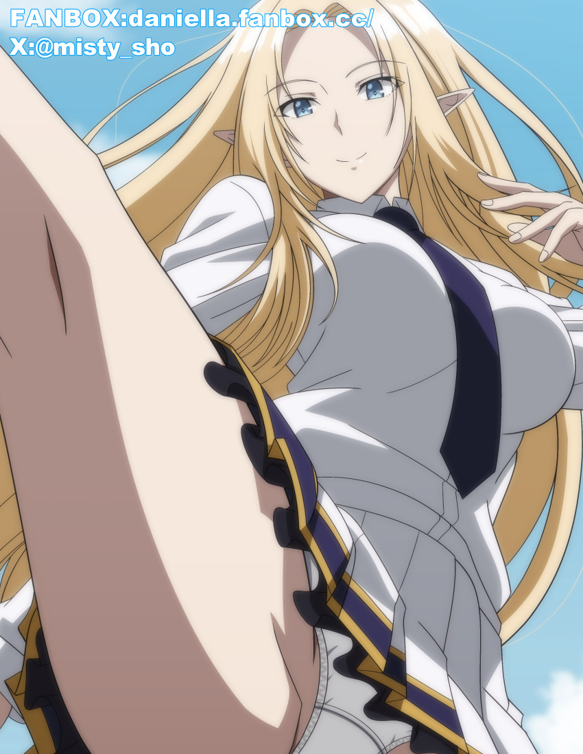 1girl absurdres alpha_(kage_no_jitsuryokusha_ni_naritakute!) black_necktie blonde_hair blue_eyes breasts closed_mouth cloud collared_shirt fanbox_username highres kage_no_jitsuryokusha_ni_naritakute! leg_up long_hair long_sleeves makiri_akira necktie panties pleated_skirt pointy_ears shirt skirt sky smile solo twitter_username underwear white_panties white_shirt white_skirt