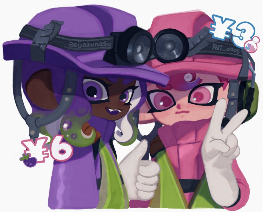 2girls closed_mouth colored_tongue commentary dark-skinned_female dark_skin fangs gloves green_hair headlamp headset helmet high-visibility_clothing high-visibility_vest highres jumpsuit ka1_(k4k37) long_sleeves looking_at_viewer medium_hair mining_helmet multicolored_hair multiple_girls nintendo octoling octoling_girl octoling_player_character open_mouth parted_bangs pink_eyes pink_hair pink_helmet pink_jumpsuit purple_eyes purple_hair purple_helmet purple_jumpsuit purple_tongue rubber_gloves salmon_run_(splatoon) short_hair smile splatoon_(series) splatoon_3 symbol-only_commentary tentacle_hair thumbs_up two-tone_hair v white_background white_gloves