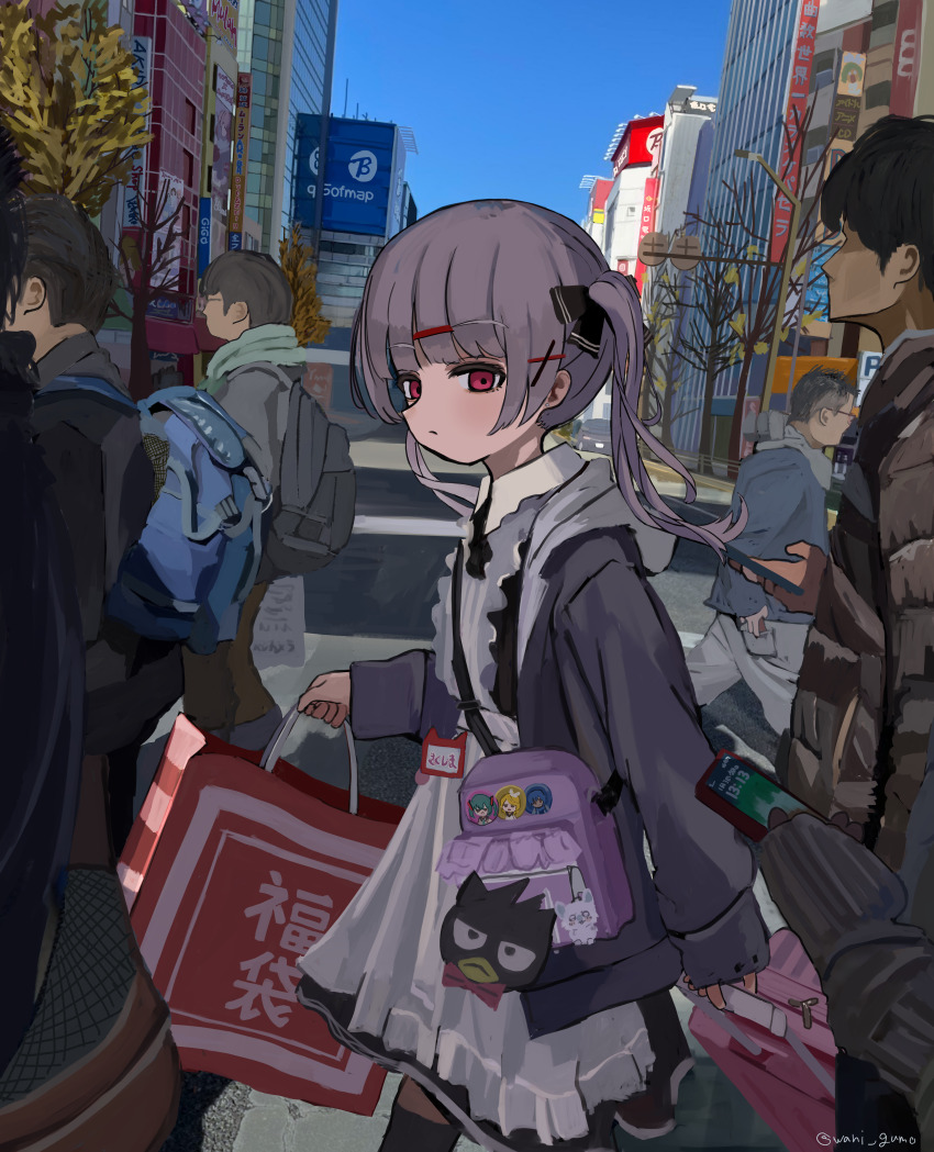 1girl 5boys absurdres akihabara_(tokyo) apron backpack badge bag bare_tree black_dress black_jacket blue_sky building button_badge cellphone city collared_dress dress faceless faceless_male hair_ornament hairclip highres holding holding_phone jacket maid maid_apron multiple_boys name_tag open_clothes open_jacket original outdoors phone purple_hair red_eyes road scarf shopping_bag sideways_glance sky smartphone solo_focus street tokyo_(city) tree twintails wanigumo