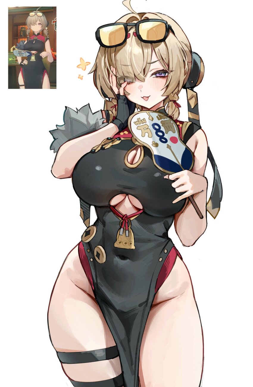 absurdres china_dress chinese_clothes clothing_cutout cutout_above_navel dress eyewear_on_head fingerless_gloves fungi542 gloves hair_over_one_eye hand_fan highres holding holding_fan pelvic_curtain single_fingerless_glove sweety_(zenless_zone_zero) tinted_eyewear underboob_cutout yellow-tinted_eyewear zenless_zone_zero