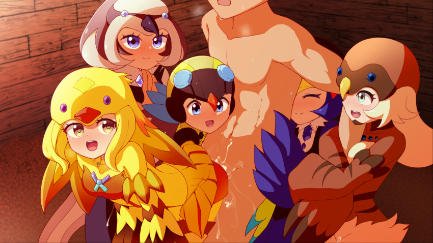 1boy 5girls bird_hat bird_hood blonde_hair blue_eyes blue_hair breasts clothed_female_nude_male commentary_request commission cum duel_monster femdom green_eyes happy_sex harem harpy lyrilusc_-_beryl_canary lyrilusc_-_celestine_wagtail lyrilusc_-_cobalt_sparrow lyrilusc_-_sapphire_swallow lyrilusc_-_turqouise_warbler mizutenka monster_girl multiple_girls nude open_mouth sex skeb_commission small_breasts sweat teeth upper_teeth_only winged_arms wings yellow_eyes yu-gi-oh!
