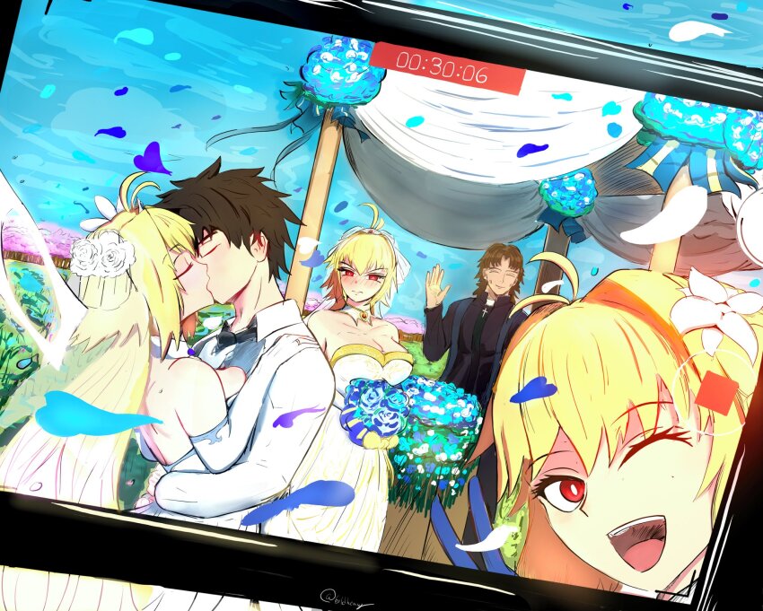 1boy 2boys 3girls ahoge antenna_hair archetype_earth arcueid_brunestud arcueid_brunestud_(mooncancer) black_hair blonde_hair blush bouquet breasts camera closed_eyes couple cross dress fate/grand_order fate_(series) flower fujimaru_ritsuka_(male) gloves goldkenway hair_flower hair_ornament hetero highres husband_and_wife kiss kotomine_kirei long_hair multiple_boys multiple_girls one_eye_closed rasputin_(fate) red_eyes short_hair smile tagme wedding wedding_dress white_dress