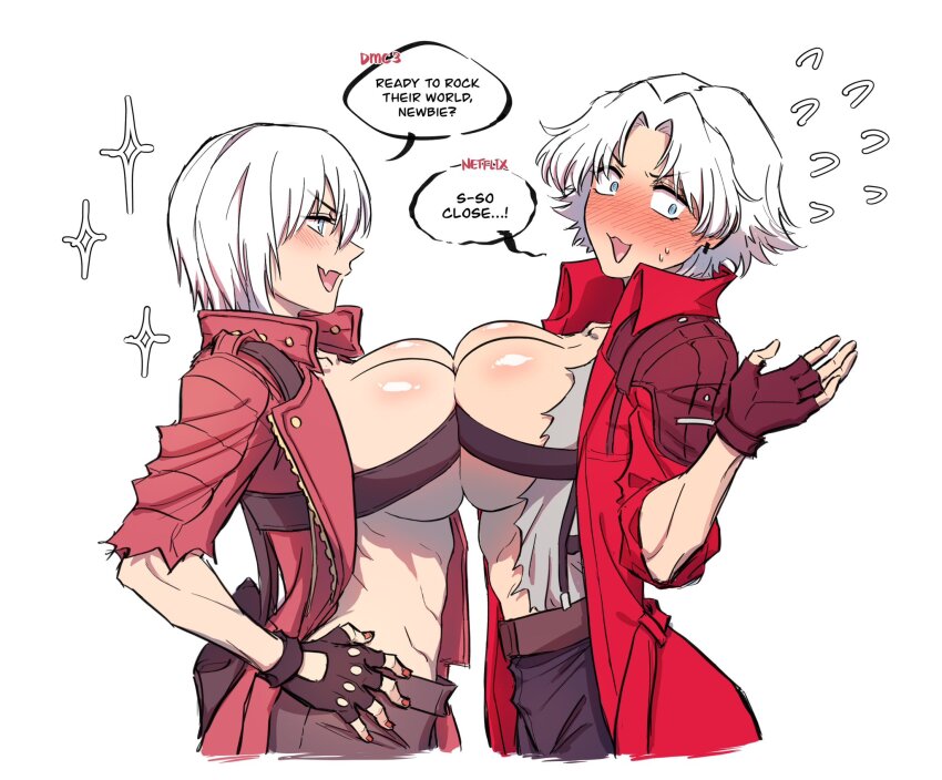 2girls black_gloves blue_eyes blush breast_press breasts coat dante_(devil_may_cry) devil_may_cry devil_may_cry_(series) devil_may_cry_3 devil_may_cry_5 fingerless_gloves genderswap genderswap_(mtf) gloves highres jacket large_breasts multiple_girls pichuuuchan red_coat short_hair smile symmetrical_docking time_paradox white_hair