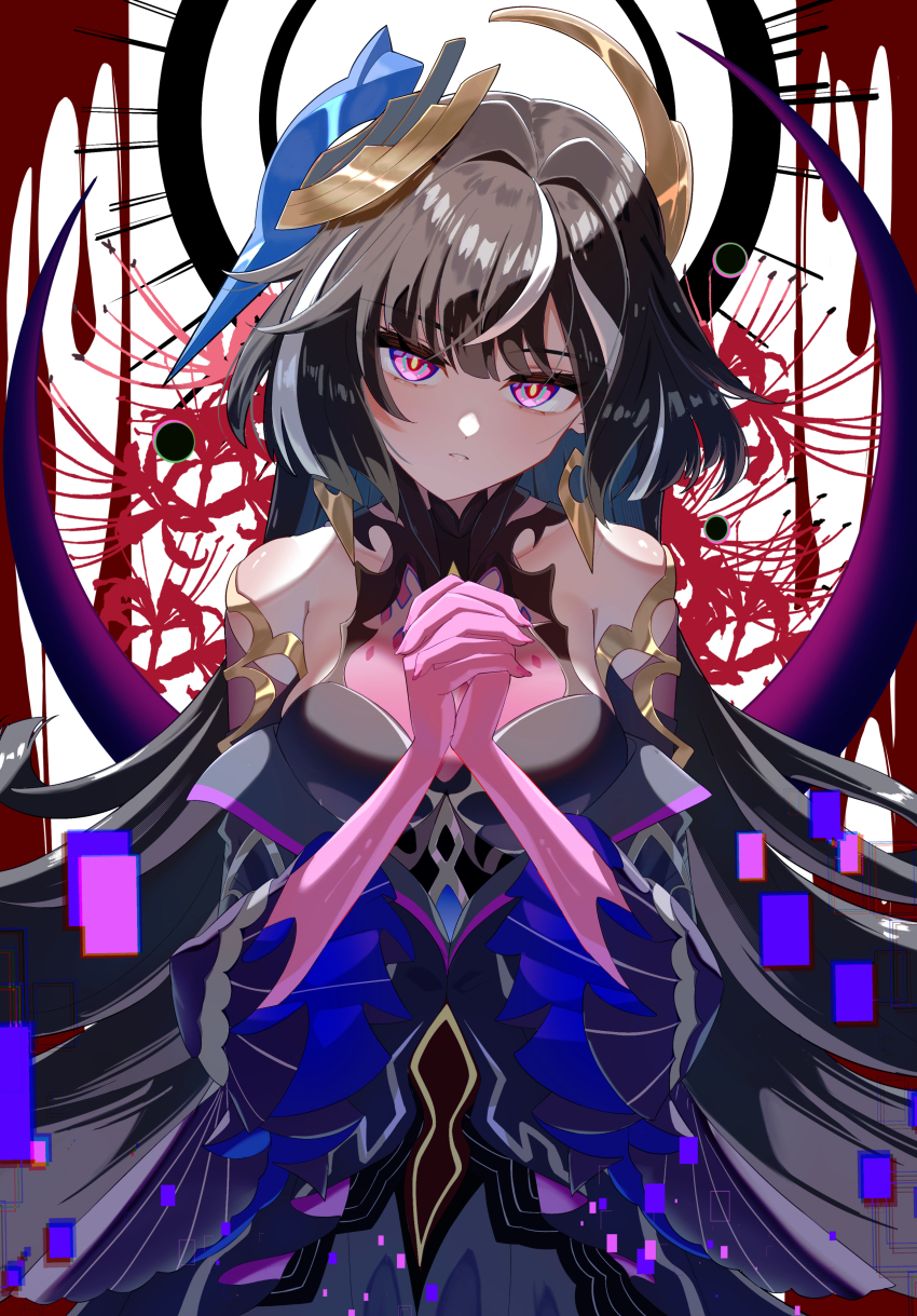 1girl absurdres aqua_eyes bare_shoulders black_dress brown_hair commentary_request dress eight_(eight3rd1) flower highres honkai_(series) honkai_impact_3rd interlocked_fingers leylah_(honkai_impact) long_hair multicolored_eyes multicolored_hair own_hands_together pink_eyes purple_eyes purple_hands solo spider_lily streaked_hair two-tone_hair very_long_hair yellow_pupils