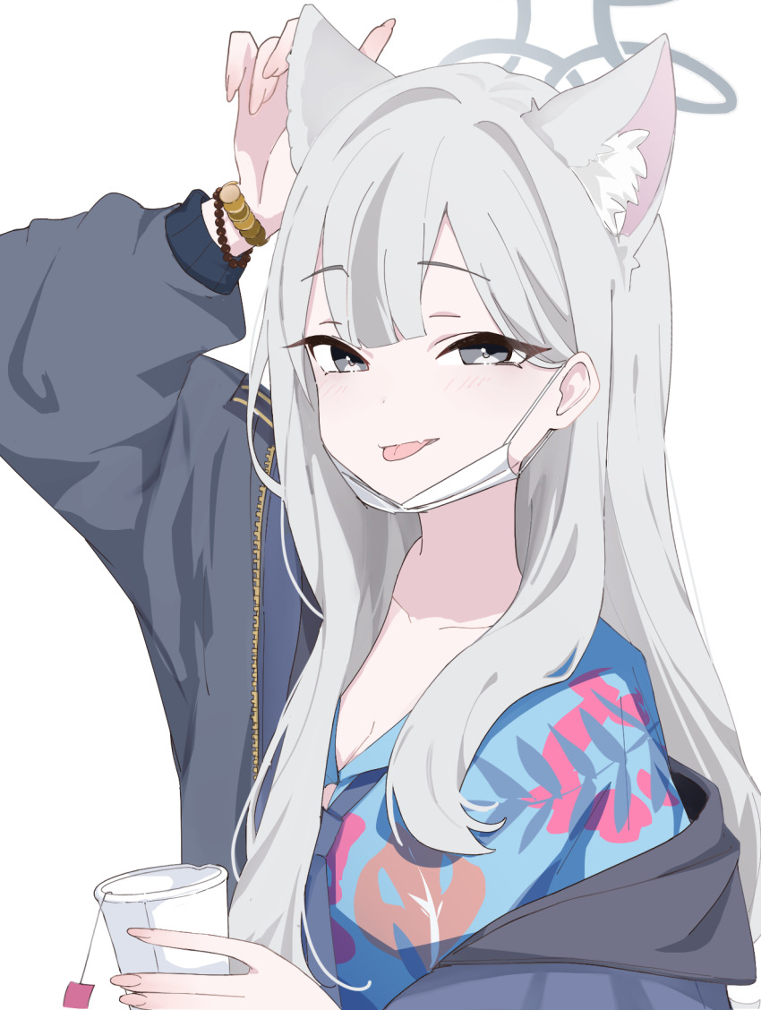 1girl animal_ears blue_archive blue_shirt cat_ears chapoke floral_print_shirt grey_eyes grey_hair grey_halo grey_jacket halo hawaiian_shirt highres jacket konoka_(blue_archive) mask mouth_mask open_clothes open_jacket shirt solo surgical_mask upper_body white_mask