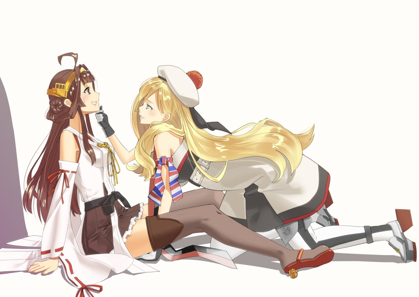 2girls ahoge armband bare_shoulders beret black_skirt blonde_hair blue_eyes brown_hair commentary_request detached_sleeves double_bun fujimo_ruru gloves grey_eyes hair_bun hairband hat headgear japanese_clothes kantai_collection kongou_(kancolle) long_hair mole mole_under_eye multicolored_gloves multiple_girls nontraditional_miko pleated_skirt pom_pom_(clothes) ribbon-trimmed_sleeves ribbon_trim richelieu_(kancolle) skirt sleeveless smile thighhighs very_long_hair wide_sleeves