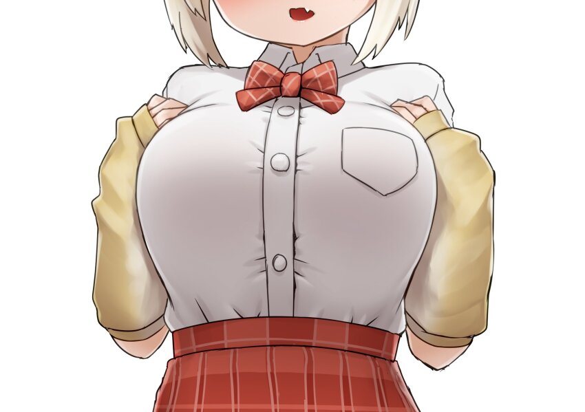 1girl breasts close-up collared_shirt detached_sleeves fang highres kemono_friends lion_girl masai_lion_(kemono_friends) open_mouth plaid_clothes plaid_skirt pleated_skirt red_skirt school_uniform shirt shirt_tucked_in short_sleeves skirt sleeves_past_wrists solo t-shirt thumb_hole_sleeves white_shirt yellow_sleeves yonkuron