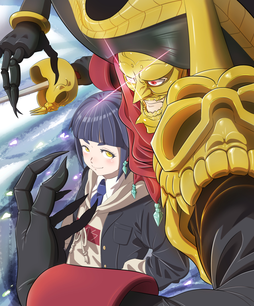 1girl absurdres blush digimon digimon_(creature) digimon_liberator hat highres looking_at_viewer mask necktie oumi_reina rapier red_eyes short_hair skull sword taira_(tairamon) voltobautamon weapon