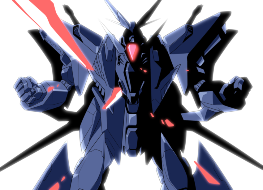 clenched_hands commentary_request fukaya_yuu ginsoukikou_ordian gundam gundam_hathaway&#039;s_flash highres limited_palette mecha mobile_suit no_humans oobari_masami_(style) parody robot science_fiction shaded_face solo standing v-fin white_background xi_gundam