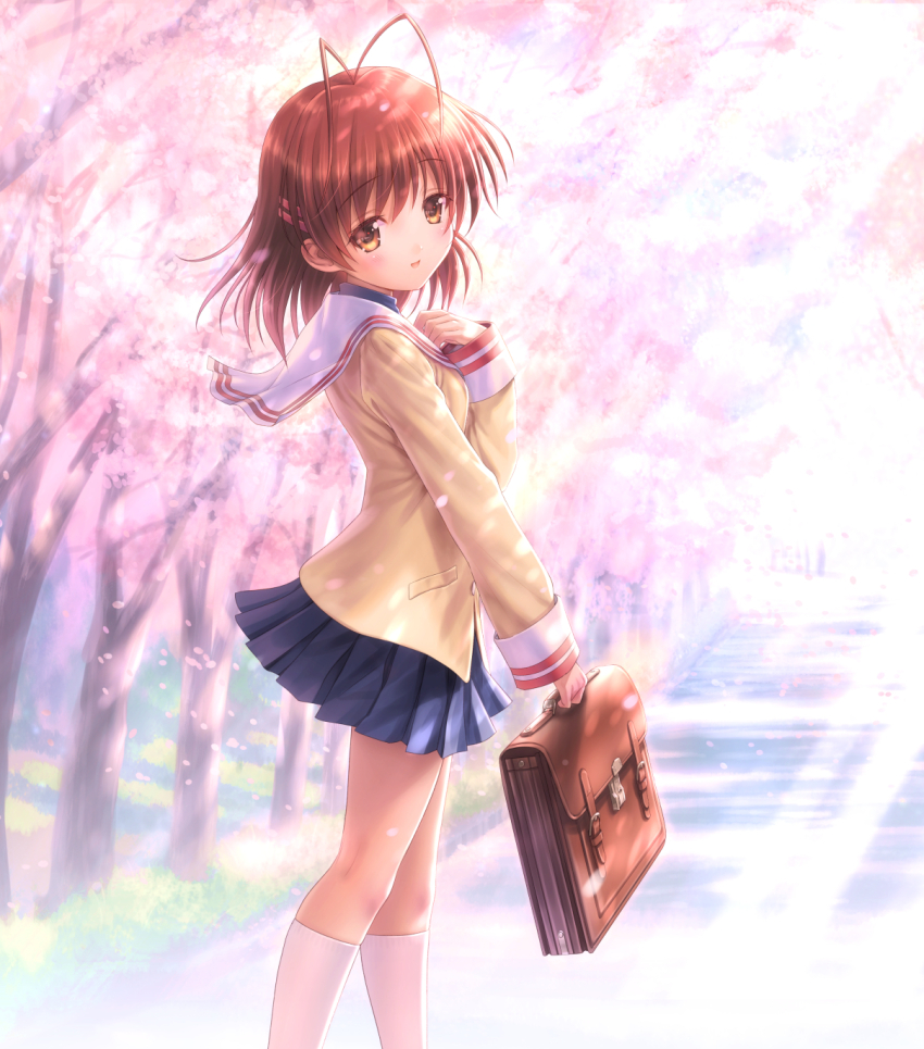 1girl antenna_hair bag blue_skirt brown_eyes brown_hair cherry_blossoms clannad commentary_request feet_out_of_frame furukawa_nagisa goto_p highres hikarizaka_private_high_school_uniform jacket sailor_collar school_bag school_uniform serafuku short_hair skirt socks solo standing tree white_sailor_collar white_socks yellow_jacket