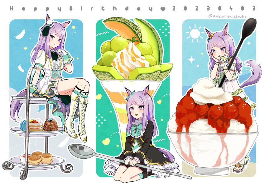1girl anbutter_siruko animal_ears aqua_bow barefoot blush boots bow bread cake closed_mouth dated food fruit gloves happy_birthday hat high_heel_boots high_heels highres holding holding_spoon horse_ears horse_girl horse_tail knee_boots light_purple_hair long_hair long_sleeves mejiro_mcqueen_(end_of_sky)_(umamusume) mejiro_mcqueen_(ripple_fairlady)_(umamusume) mejiro_mcqueen_(umamusume) melon mini_hat mini_top_hat multiple_views navel open_mouth oversized_object parfait purple_eyes short_sleeves smile spoon strawberry_shortcake tail top_hat twitter_username umamusume white_footwear white_gloves white_headwear