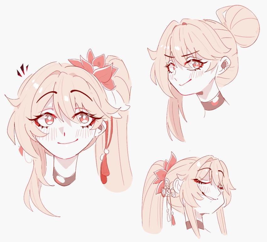 1girl alternate_hairstyle black_choker blush choker grey_background grin guinaifen_(honkai:_star_rail) hair_bun highres honkai:_star_rail honkai_(series) long_hair looking_at_viewer multiple_views orange_eyes orange_hair side_ponytail simple_background smile unfamousradish