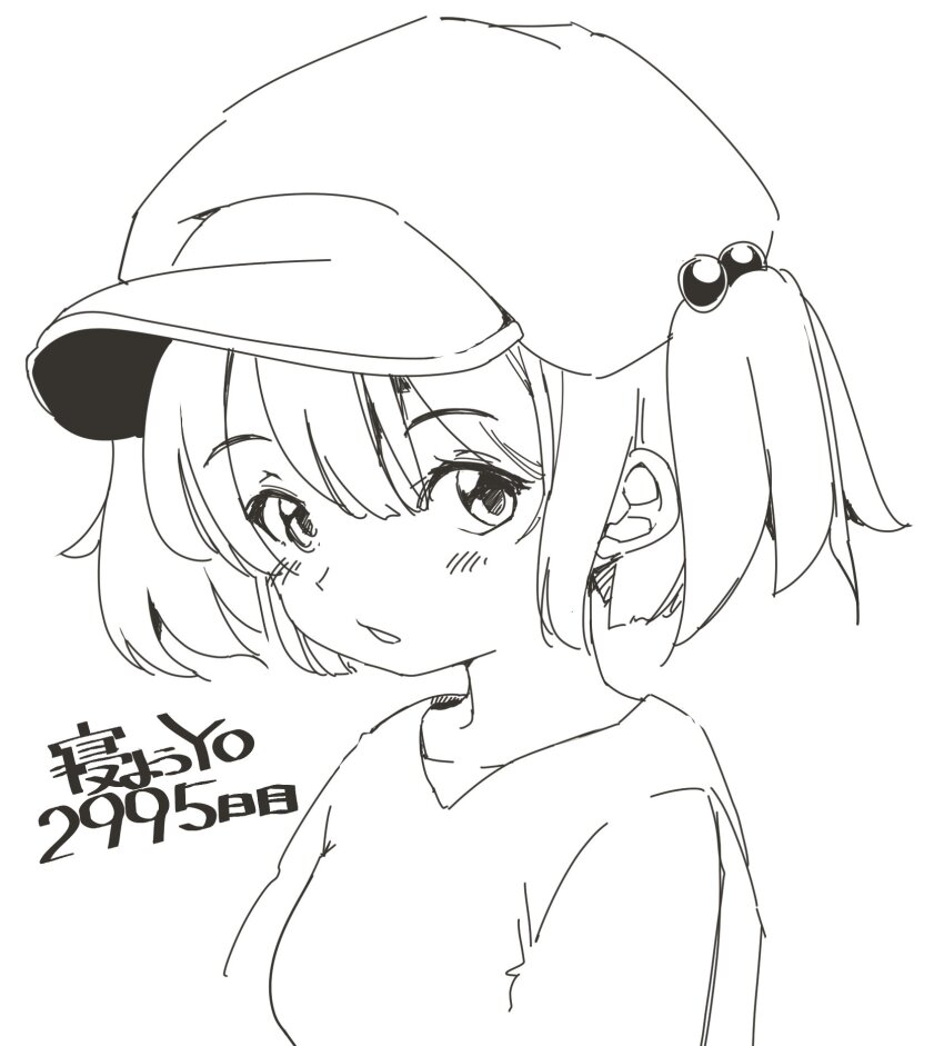 1girl blush breasts cactas7 greyscale hair_bobbles hair_ornament hat highres kawashiro_nitori looking_at_viewer medium_breasts monochrome open_mouth shirt short_sleeves simple_background solo t-shirt touhou upper_body