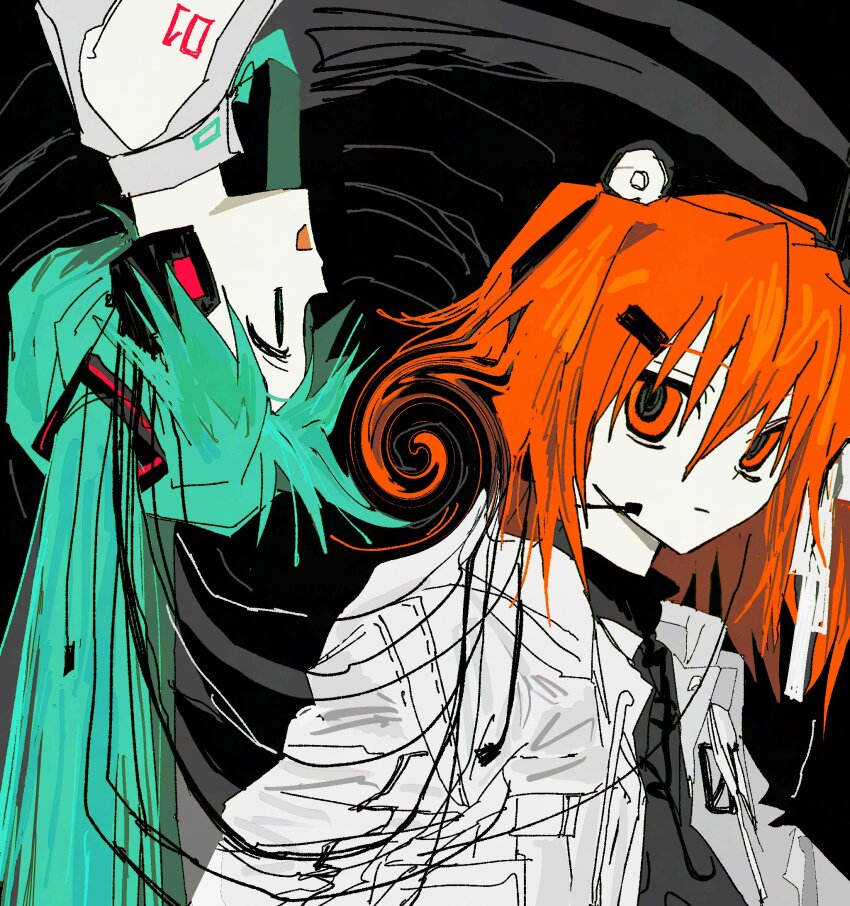 2girls a.i._voice adachi_rei aqua_hair aqua_necktie black_background black_shirt cable closed_mouth distortion expressionless goguma_wagamja grey_shirt hair_ornament hair_ribbon hairclip hanging hatsune_miku headlamp headset highres image_warping jacket long_hair looking_at_another looking_at_viewer looking_to_the_side medium_hair multiple_girls necktie number_tattoo open_clothes open_jacket open_mouth orange_hair ribbon shirt shoulder_tattoo sleeveless sleeveless_shirt smile spiral_background tattoo twintails upper_body upside-down utau white_jacket white_ribbon