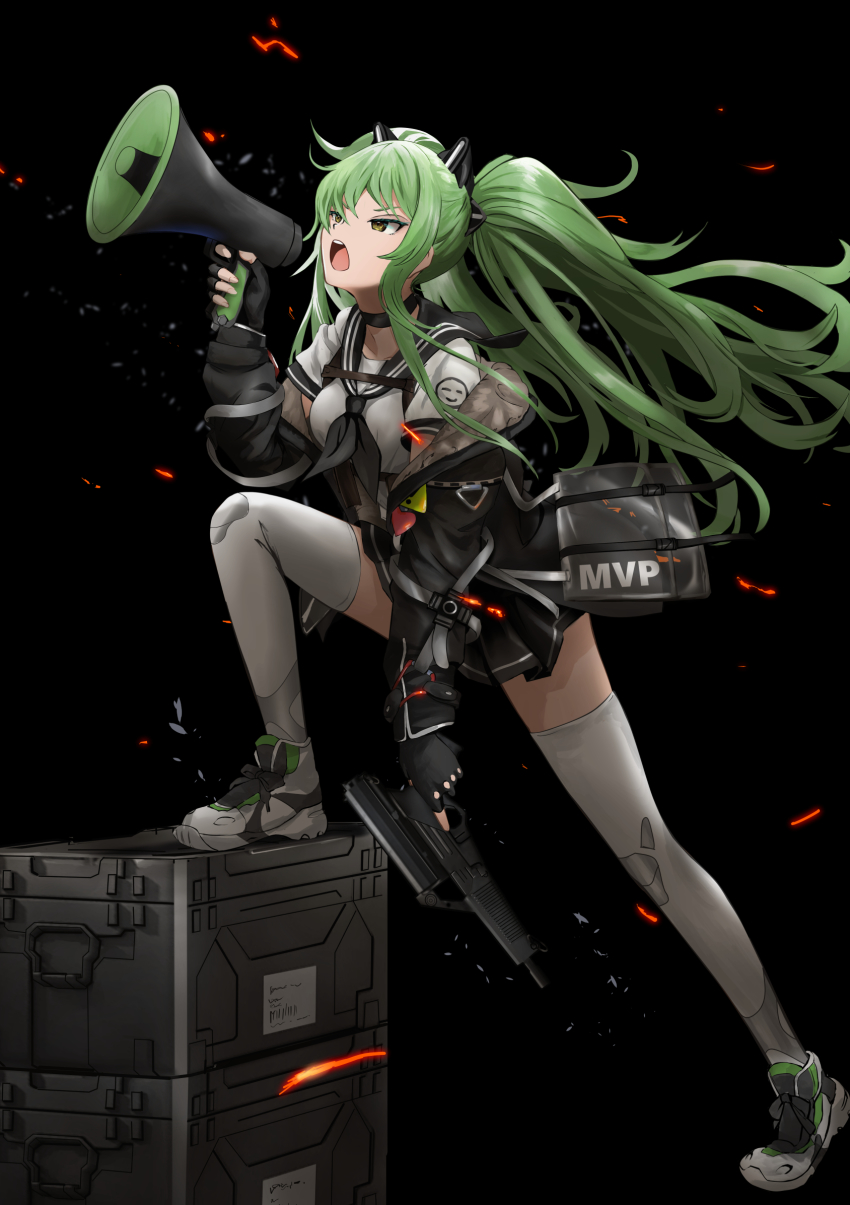 1girl black_gloves black_jacket black_skirt calico_light_weapons_systems calico_m950 calico_m950a cheek_pistol commission double-stack_magazine fingerless_gloves gibun_(sozoshu) girls&#039;_frontline gloves green_hair gun handgun helical_magazine high-capacity_magazine highres holding holding_gun holding_megaphone holding_weapon jacket koi_wa_sensou_(vocaloid) long_hair long_sleeves m950a_(girls&#039;_frontline) m950a_(mod3)_(girls&#039;_frontline) machine_pistol megaphone messy_hair miniskirt pistol pixiv_commission pleated_skirt school_uniform shirt short_sleeves skirt solo thighhighs two_side_up vocaloid weapon white_shirt white_thighhighs yellow_eyes