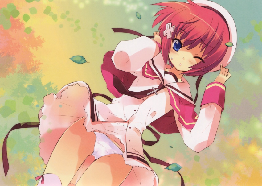 1girl azel beret blue_eyes clothes_lift female_focus hair_ornament hairclip hat highres ito_noizi one_eye_closed panties pantyshot red_hair school_uniform short_hair skirt skirt_lift solo thighhighs twinkle_crusaders underwear white_panties wind wink