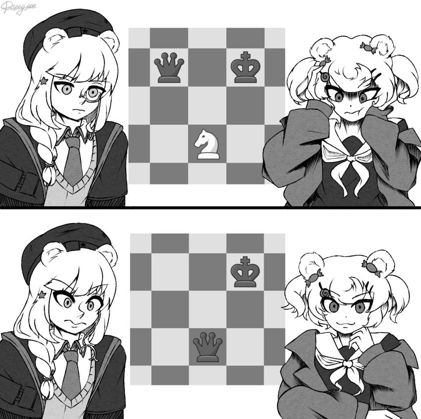 2girls animal_ears arknights bear_ears bear_girl chess_piece demyson greyscale gummy_(arknights) highres istina_(arknights) meme monochrome multiple_girls non-web_source