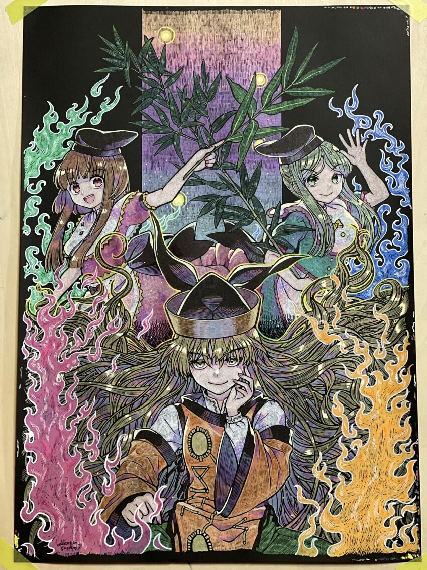 3girls :d apron arm_up bamboo_shoot black_hat blunt_ends brown_hair commentary_request constellation_print dated dress fire floating_hair green_dress green_eyes green_hair hand_on_own_cheek hand_on_own_face hat highres long_hair long_sleeves looking_at_viewer marker_(medium) matara_okina multiple_girls nishida_satono open_mouth orange_tabard outstretched_arm photo_(medium) pink_dress pink_nails puffy_short_sleeves puffy_sleeves red_eyes short_sleeves signature smile socha tabard teireida_mai touhou traditional_media very_long_hair waist_apron white_apron wide_sleeves yellow_eyes