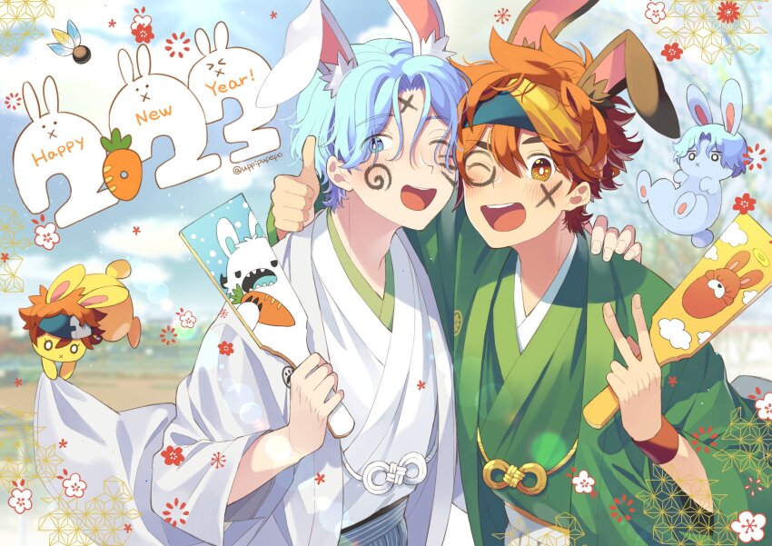 2023 2boys x_mouth ;d animal_ears blue_eyes blue_hair chinese_zodiac facepaint hagoita hanetsuki happy_new_year hasegawa_langa headband highres japanese_clothes kimono kyan_reki male_focus multiple_boys new_year one_eye_closed open_mouth orange_eyes orange_hair paddle rabbit rabbit_ears sk8_the_infinity smile thumbs_up uppi v year_of_the_rabbit