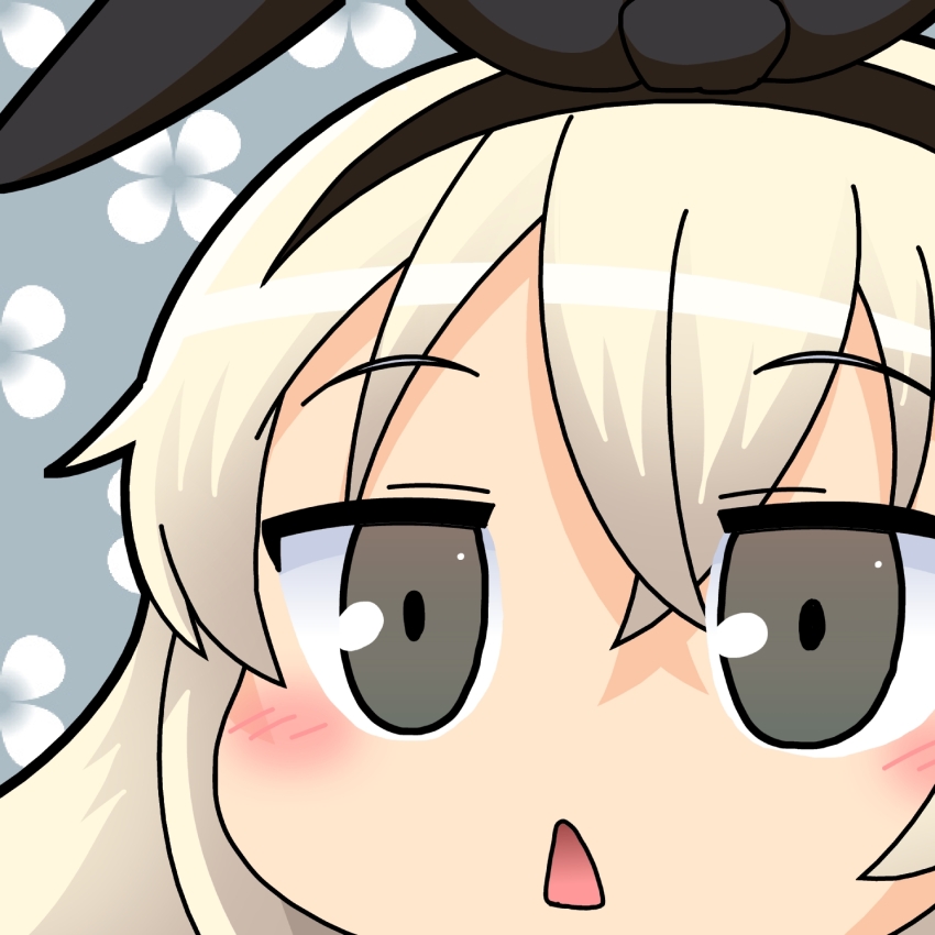 1girl black_hairband blonde_hair close-up commentary_request floral_background grey_background grey_eyes hairband highres kantai_collection mikazuki_neko open_mouth shimakaze_(kancolle) solo triangle_mouth