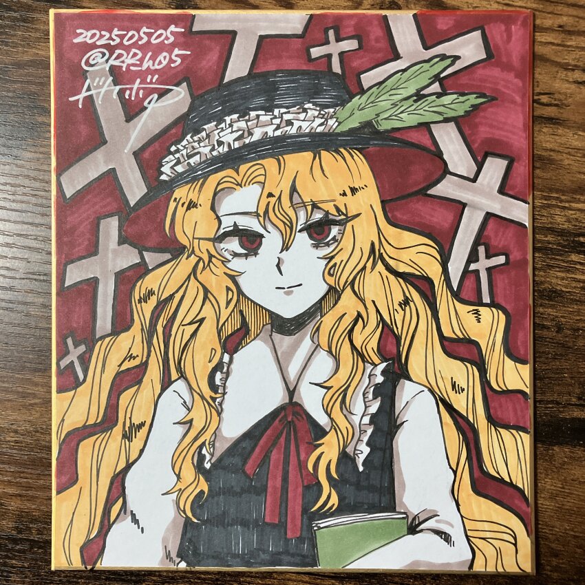 1girl absurdres black_hat black_vest book closed_mouth cross dolls_in_pseudo_paradise frilled_hat frilled_shirt_collar frills happy hat hat_feather highres jacket_girl_(dipp) limited_palette long_hair long_sleeves neck_ribbon puffy_sleeves red_background red_eyes red_ribbon rhodium_(rh) ribbon shirt smile solo touhou traditional_media upper_body very_long_hair vest wavy_hair white_shirt