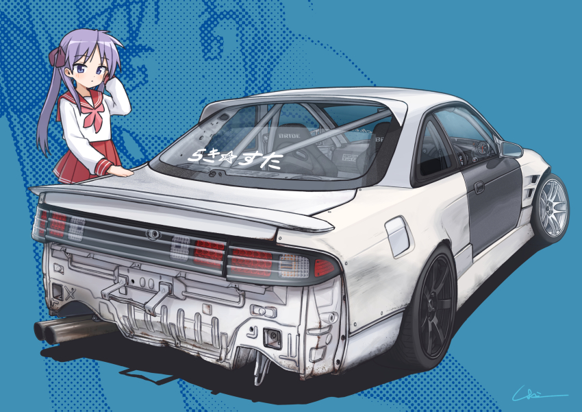 blue_background blue_eyes blush bride_(brand) car highres hiiragi_kagami long_hair looking_at_viewer lucky_star motor_vehicle neckerchief nissan nissan_silvia nissan_silvia_s14 pleated_skirt purple_hair red_neckerchief red_sailor_collar red_skirt sailor_collar school_uniform serafuku shadow shirt signature simana skirt solo spoiler_(automobile) sports_car twintails vehicle_focus white_car white_shirt zoom_layer