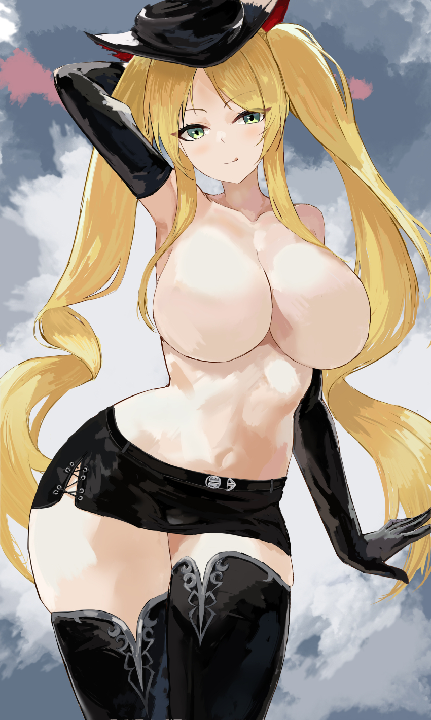 1girl absurdres arm_behind_head arm_up azur_lane black_boots black_choker black_gloves black_hat black_skirt blonde_hair boots breasts choker elbow_gloves gloves green_eyes hat highres hornet_(azur_lane) hornet_(meta)_(azur_lane) large_breasts long_hair looking_at_viewer navel no_nipples parted_bangs side_slit skirt smile solo suo_bu_ye_feng thigh_boots thighs topless_female twintails very_long_hair