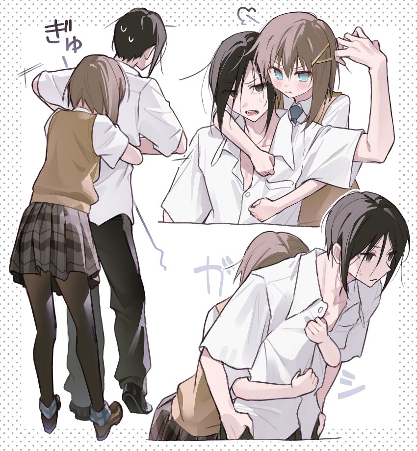 1boy 1girl :t absurdres annoyed aqua_eyes black_eyes black_hair black_pantyhose black_skirt blush brother_and_sister brown_hair brown_sweater_vest dress_shirt hair_ornament hairclip height_difference highres hug hug_from_behind loafers looking_at_another mamiya_hasaki miniskirt mofukoke multiple_views pantyhose plaid_clothes plaid_skirt pleated_skirt polka_dot polka_dot_background puff_of_air school_uniform shirt shoes short_hair short_sleeves siblings skirt standing subarashiki_hibi sweatdrop sweater_vest v-shaped_eyebrows white_background white_shirt yuuki_tomosane