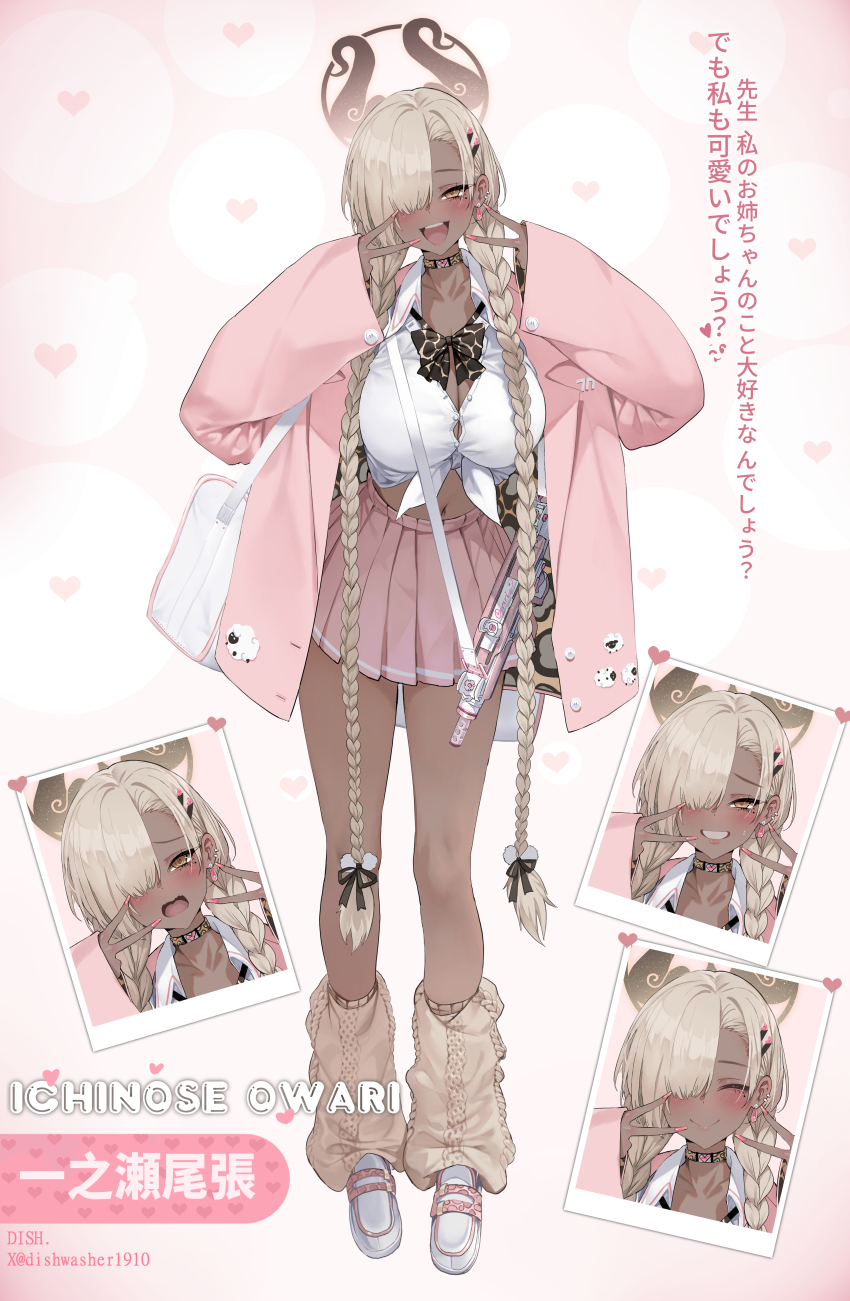 1girl ^_^ absurdres animal_ornament animal_print artist_name asymmetrical_bangs azur_lane bare_legs black_bow black_bowtie black_ribbon blonde_hair blue_archive blush bow bowtie braid breasts button_gap character_name closed_eyes collarbone commentary_request dark-skinned_female dark_skin dishwasher1910 double_v earrings fingernails full_body grey_socks gun gun_sling gyaru hair_ornament hair_over_one_eye hair_ribbon halo heart heart_background highres jacket jewelry kogal large_breasts leopard_print long_hair looking_at_viewer loose_bowtie loose_socks miniskirt mole mole_under_eye multiple_expressions nail_polish navel no_horns one_eye_covered owari_(azur_lane) photo_(object) pink_jacket pink_skirt pleated_skirt polaroid_photo pom_pom_(clothes) pom_pom_hair_ornament print_bow print_bowtie print_choker ribbon school_uniform sheep shirt shoes skirt skirt_rolled_up smile socks solo submachine_gun teeth tied_shirt translated twin_braids twitter_username upper_teeth_only uzi v very_long_hair wavy_mouth weapon white_bag white_shirt white_shoes